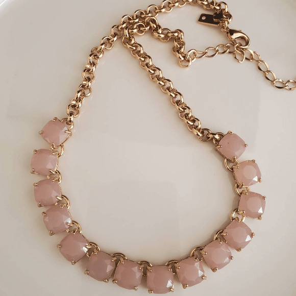 Kate Spade Light Pink Squared Away Necklace Gold Plate with Pink Stones - Picture 4 of 6